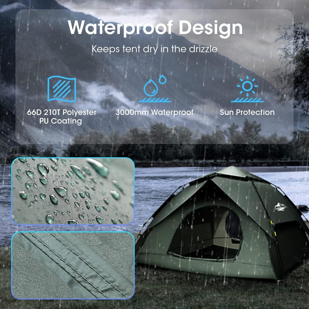 Camping Tent 4/5 Person, Instant Tent Setup in 60 Seconds with Rainfly, Portable Waterproof & Windproof Tent with Carry Bag, 2 Large Mesh Windows
