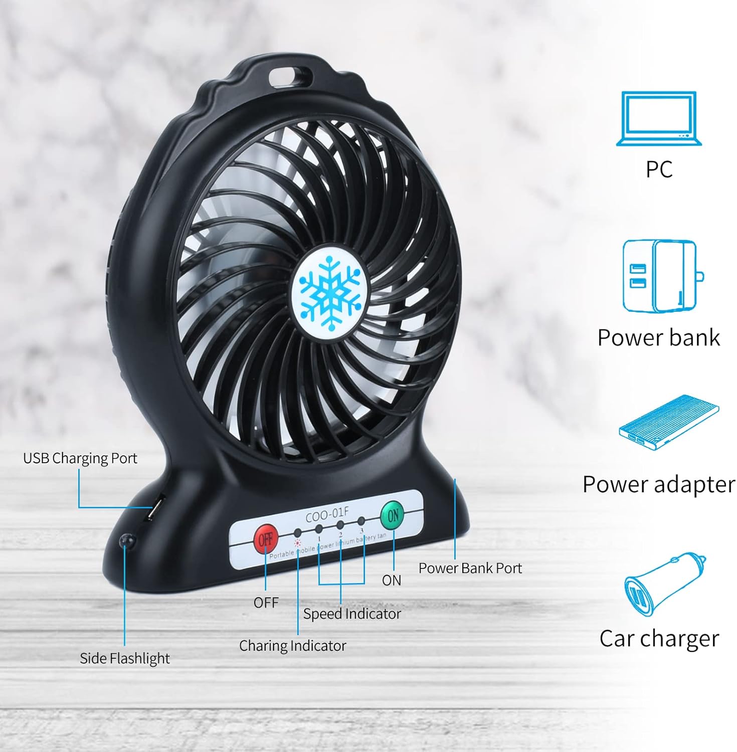 Portable Desk Fan Rechargeable,Portable Fan for Travel,Small Battery Operated USB Fan with Flashlight,2200mAh Power Bank for Phone Charge