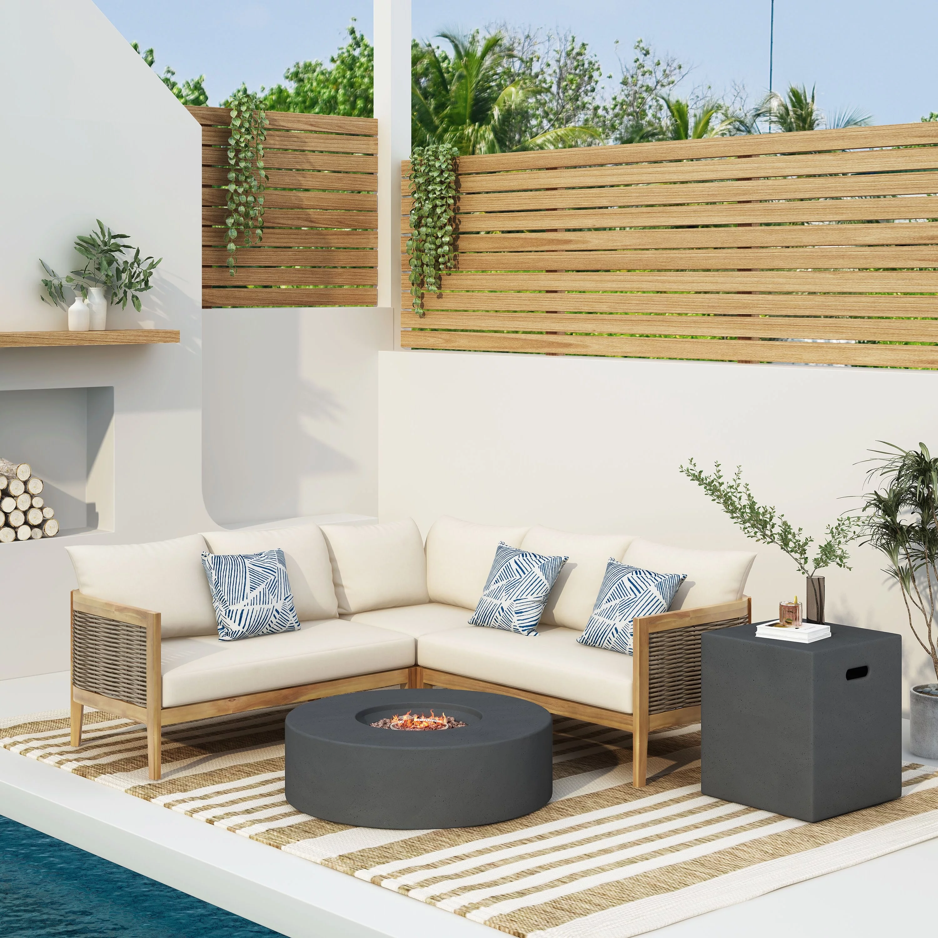 Christopher Knight Home Burchett Outdoor Acacia Wood and Round Wicker 5 Seater Sectional Sofa Chat Set with Fire Pit by Teak/Mixed Brown/Beige/Dark