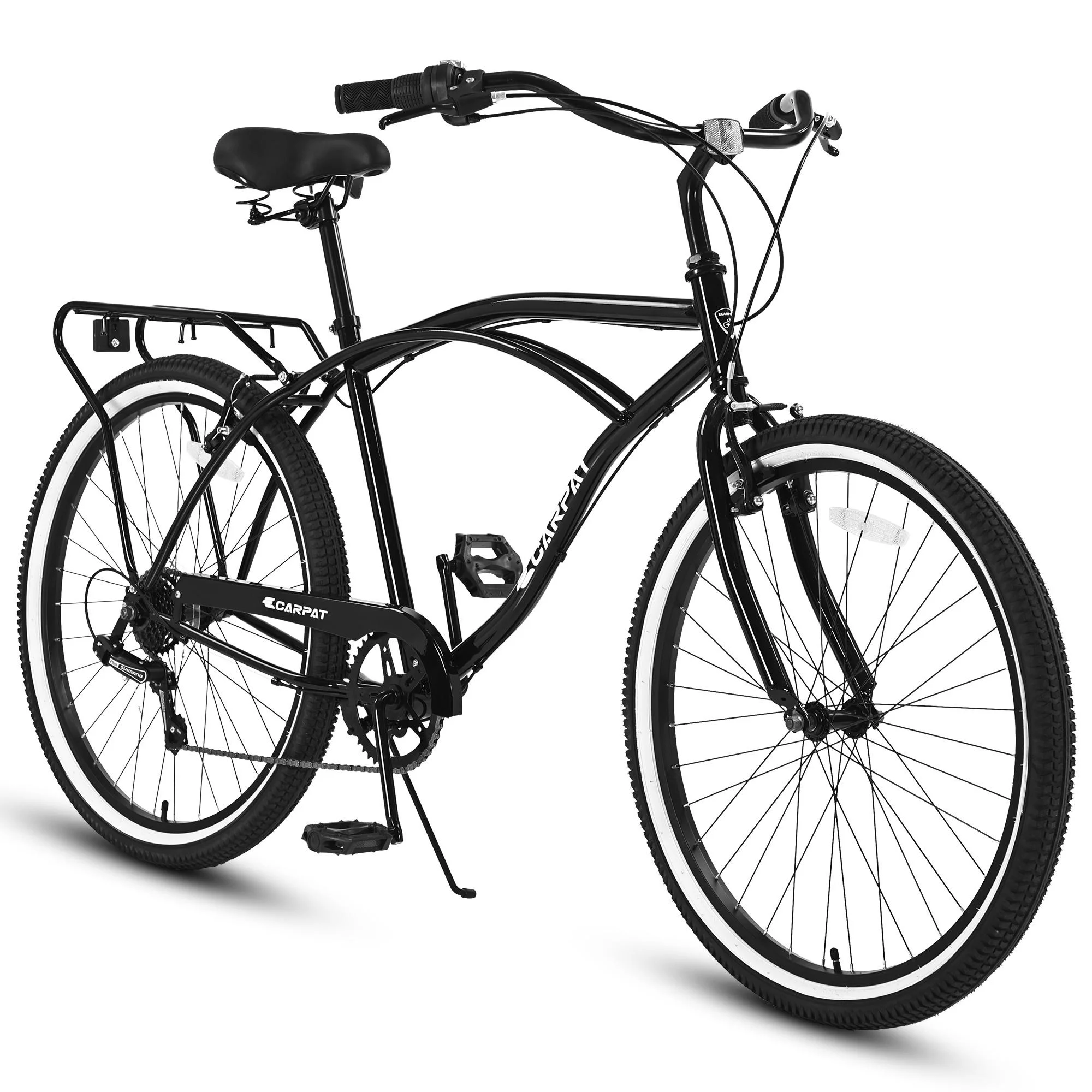 26-inch Bicycle with 7 Speeds, SEGMART Upgrade Adult Bike with Adjustable Beach Seat, Lightweight Steel Beach Cruiser Bike with Rear Cargo Rack, Black