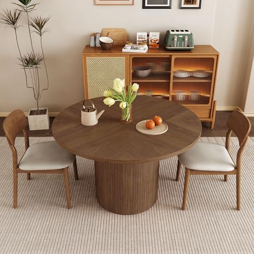 47 inch Round Dining Table for 4, Kitchen Table Dinner Table with 2-Layer Storage Shelf and Wood Slide Door for Home Dining Room Living Room (Walnut)