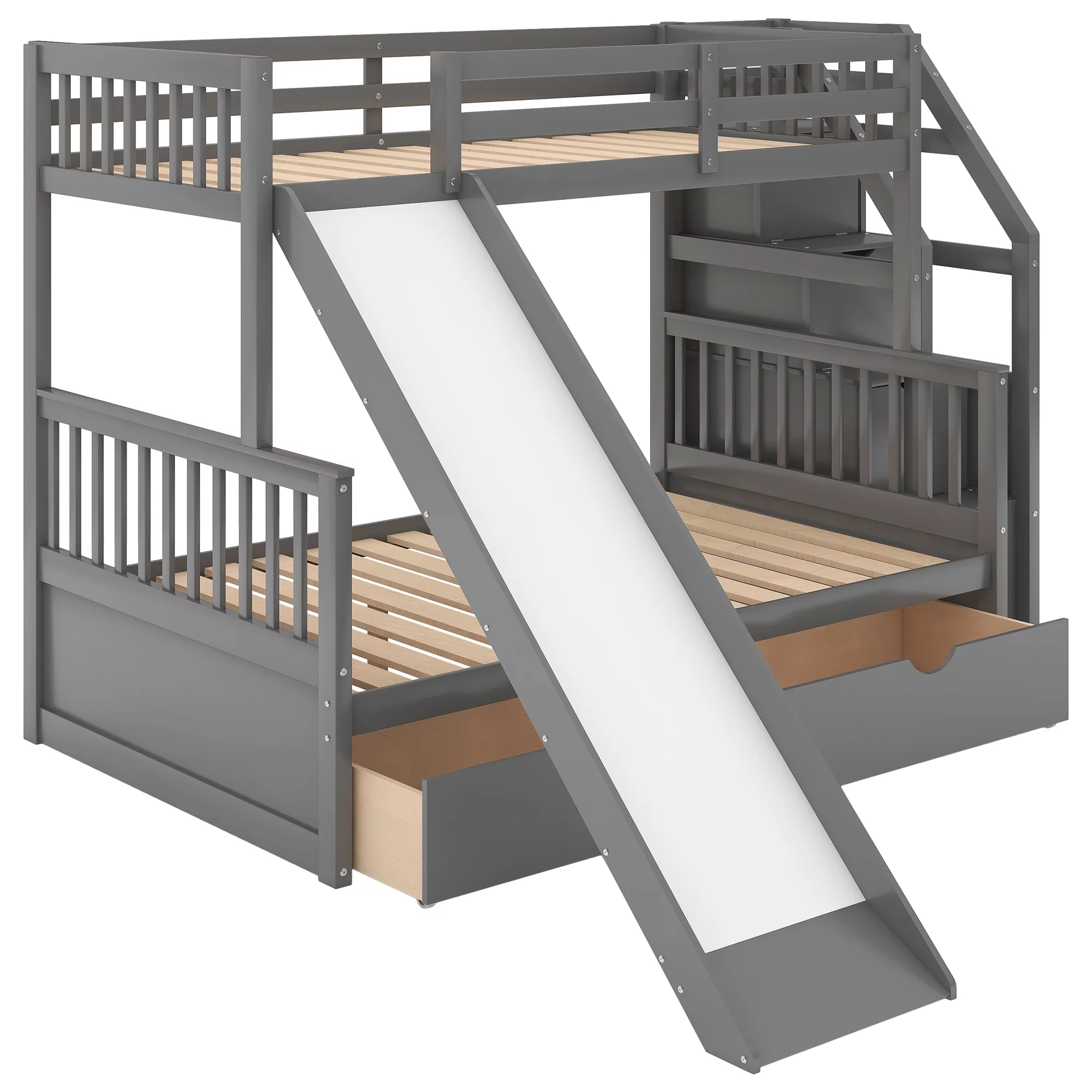 Euroco Wood Twin over Full Bunk Bed with 2 Drawers and Slide, Storage Staircase for Bedroom, Gray - Radiant Selections