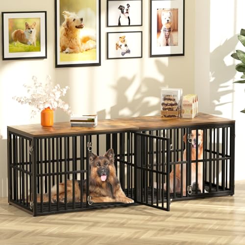 Dog Crate Furniture for 2 Dogs, 76” Wooden Dog Kennel with Divider, XXL Double Dog Crate Furniture Large Breed with 4 Doors
