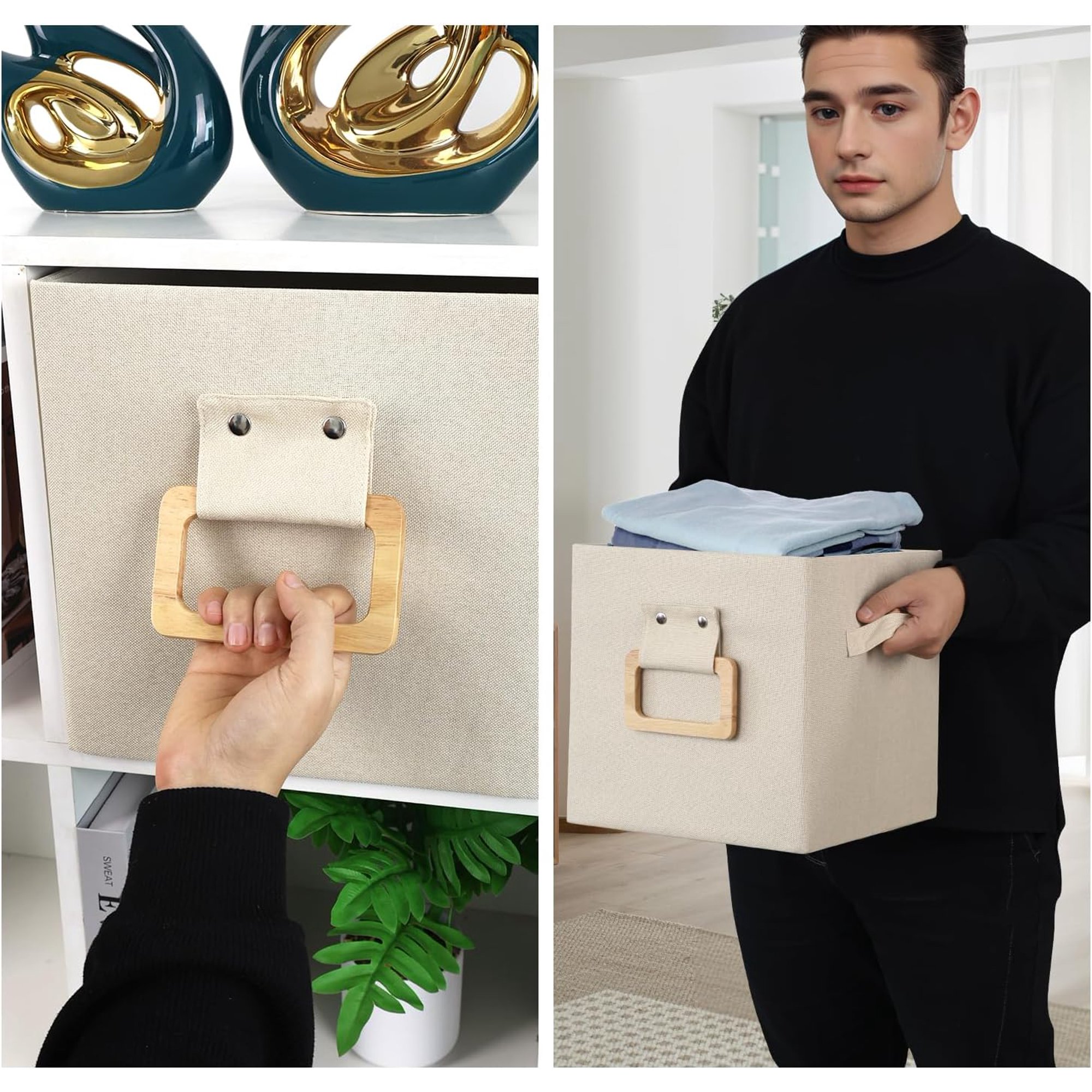 dxynlzq Collapsible Fabric Storage Cubes Organizer with Wood Handle  Cube Storage Bins Foldable Baskets for Organizing DXYPQZ Office Closet Clothes