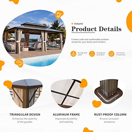 YOLENY 10'x13' Hardtop Gazebo, Outdoor Polycarbonate Double Roof Canopy, Aluminum Frame Permanent Pavilion with Curtains and Netting