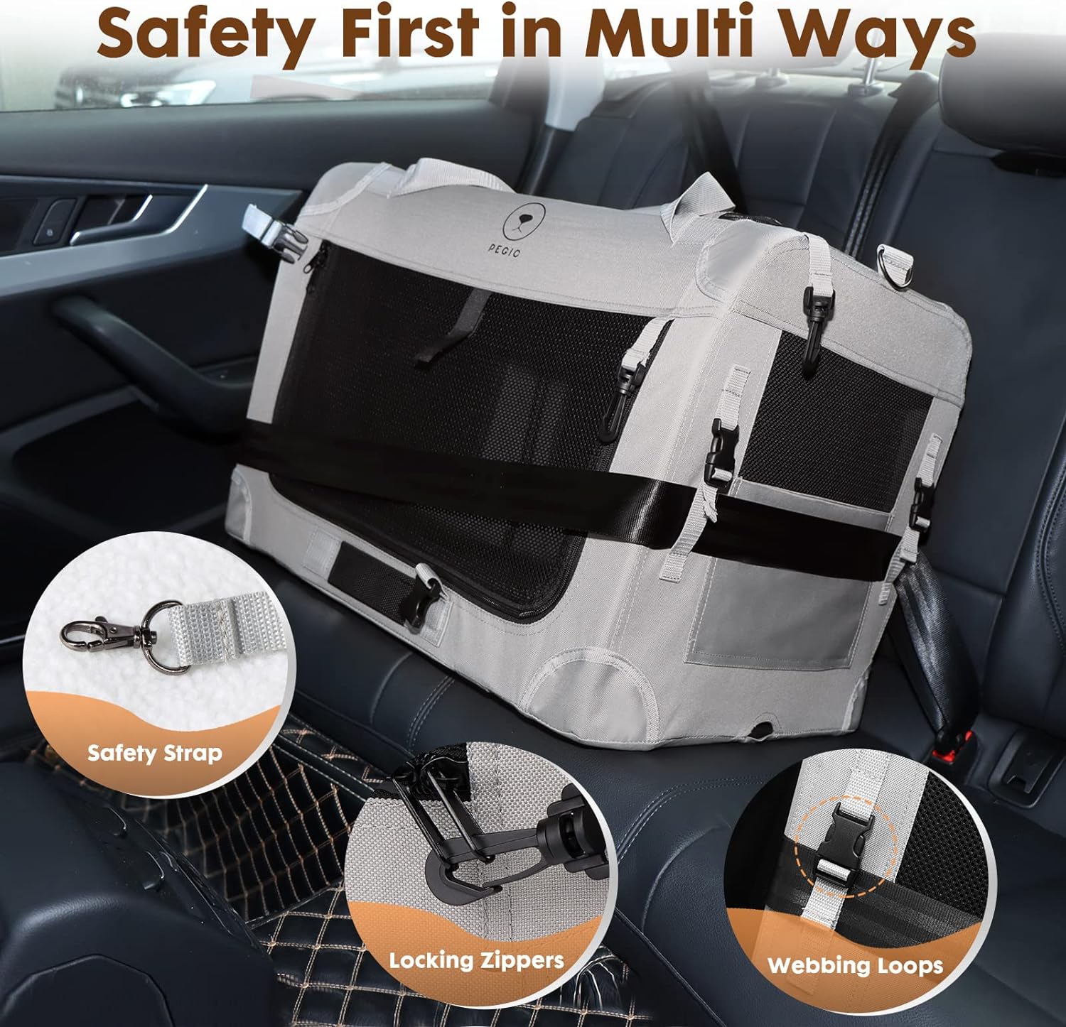 Extra Large Soft Sided Folding Cat Carrier, PEGIC 3-Doors of Collapsible Ventilated Comfortable Design Portable Vehicle for Traveling