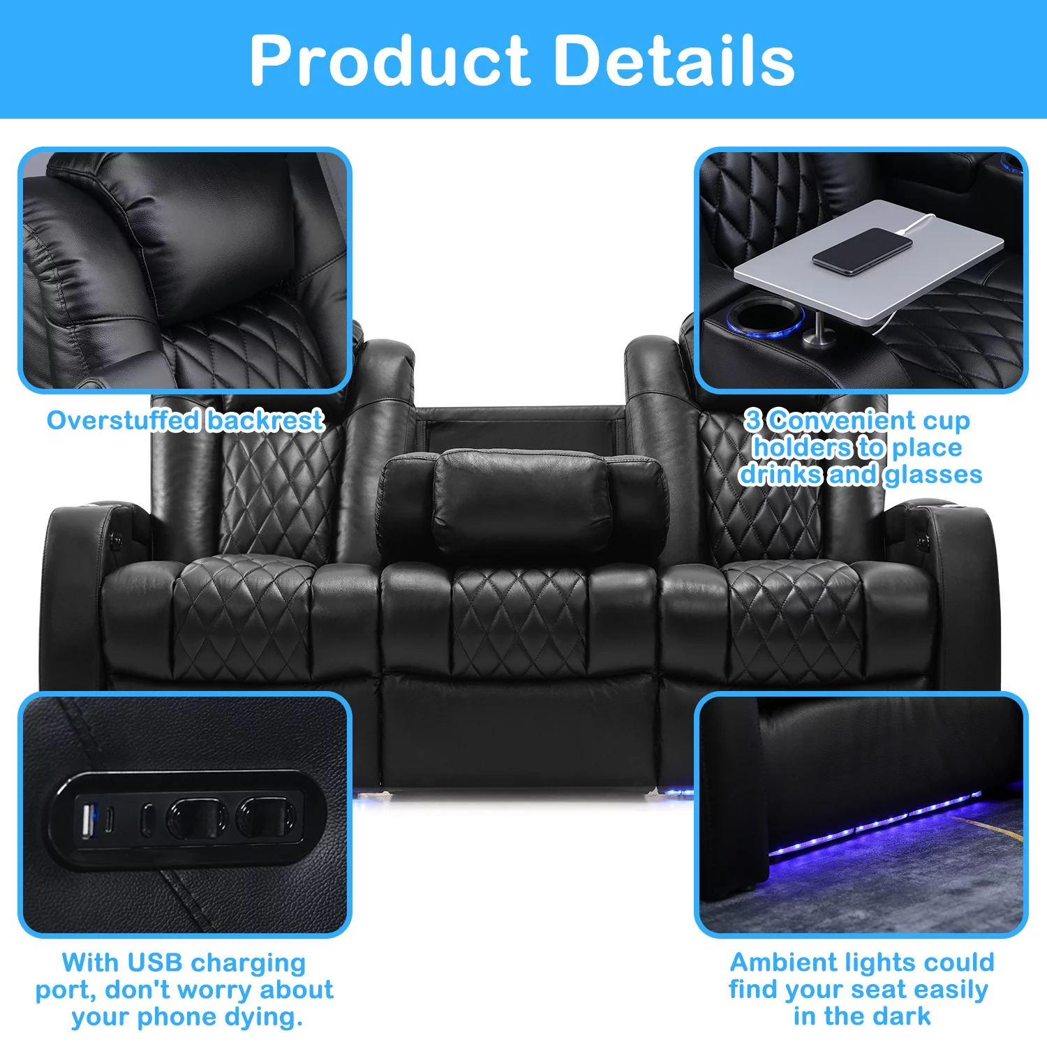 Weilianda Home Theater Seating Top Grain Leather Recliner Chair Dual Power Movie Gaming Sofa Electric Headrest with Tray Table Type-C USB Charge Cup