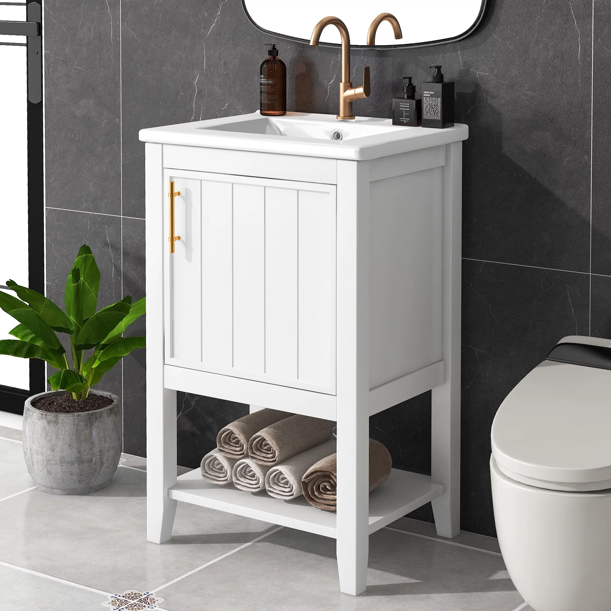 EUROCO 20" Bathroom Vanity with Sink, Bathroom Cabinet with Soft Closing Door, Storage Rack and Open Shelf, White - Curated Treasures Market