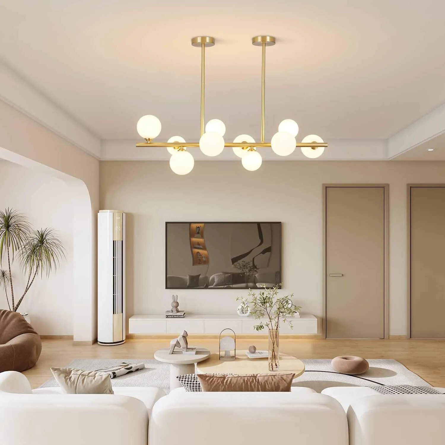 WANHUI Modern Gold Globe Sputnik Chandelier Mid Century Brass Linear Chandelier 10-Lights Frosted White Glass Ball Pendant Light Ceiling Lamp Dining