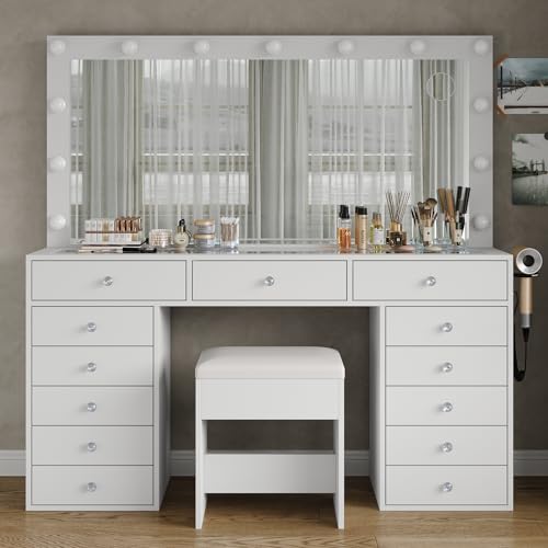 55" W Vanity Desk, Makeup Vanity with Charging Station, 15 Drawers with Lighted Mirror, 3 Lighting Modes, Brightness Adjustable, Glass Top