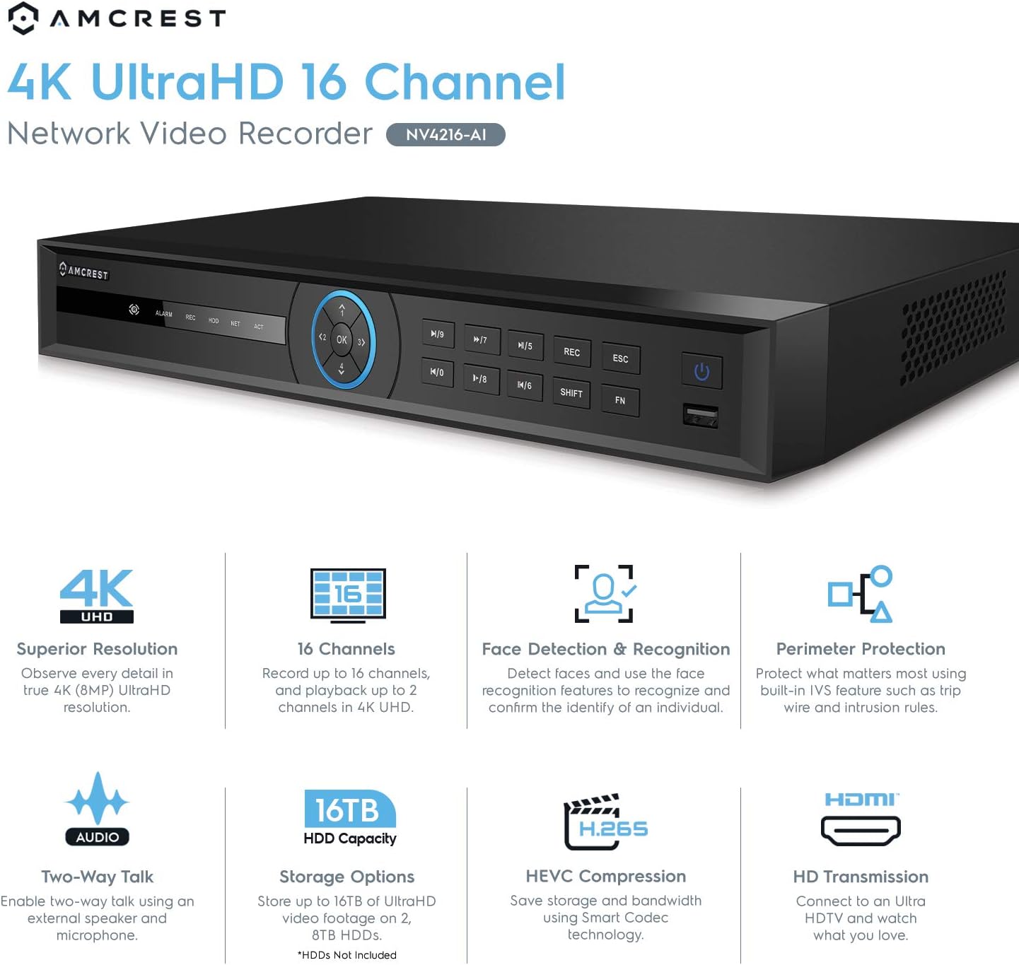Amcrest 4K NV4216E-AI 16CH AI NVR, 16-Port PoE, Smart NVR, Facial Recognition, Facial Detection & Vehicle Detection - Supports 16 x 4K IP Cameras