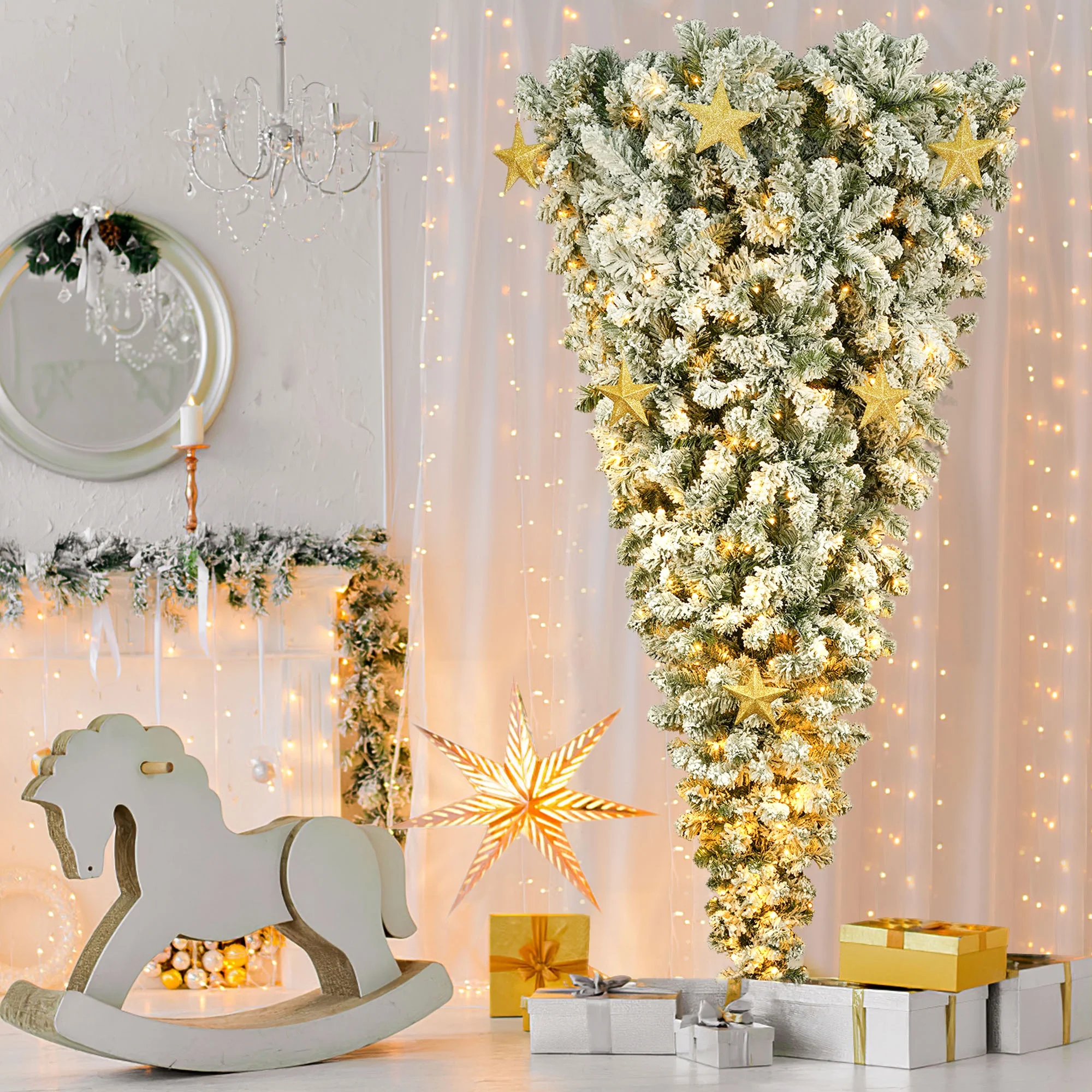 PAPROOS Upside Down Christmas Tree with Lights, 6FT Prelit Artificial Christmas Tree with 360 LED Lights and 966 Branch Tips
