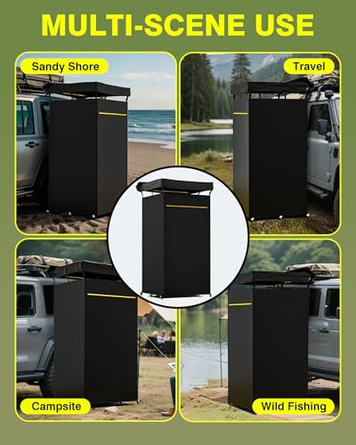 PYY Shower Awning- Awning Shower Tent with Roof Rack, Foldable Floor Mat, LED Light Strip, 3 Zippers for Safety & Access