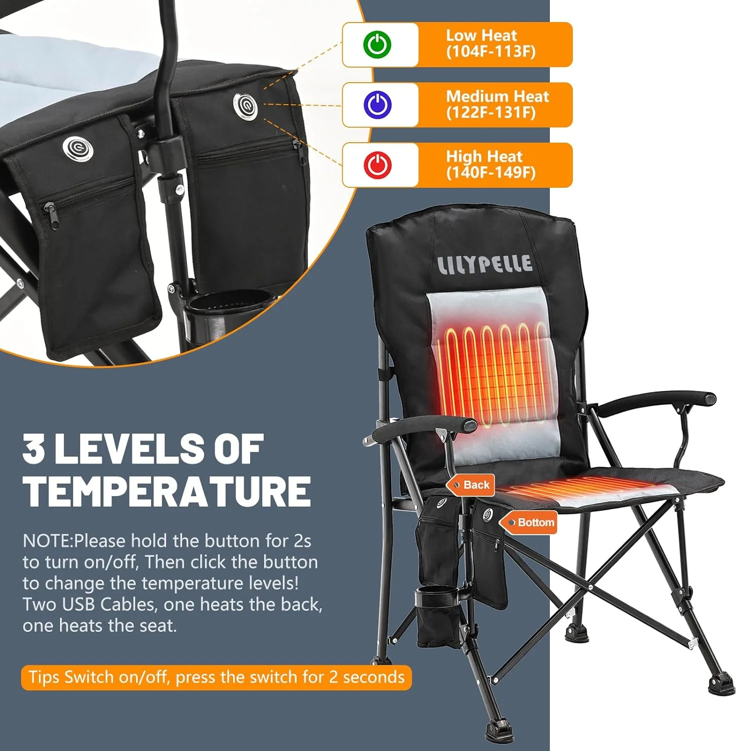 ABORON Heated Camping Chairs, Fully Padded Heavy Duty Folding Chairs for Outside, Supports 400 lbs, Portable Outdoor Camp Chairs for Sport Events