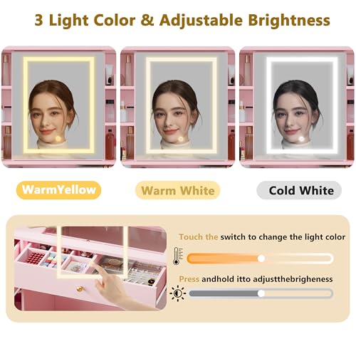 Makeup Vanity Desk with Mirror and Lights, White Vanity with Glass Top, LED Lights & Power Outlet, 3 Drawers & 2 RGB Glass Cabinets