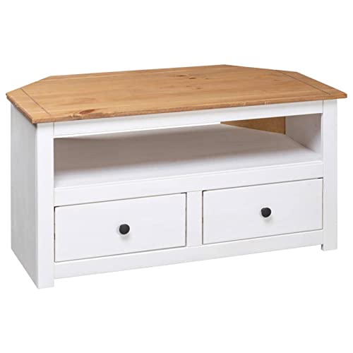 Tidyard Corner TV Cabinet with 2 Storage Drawers and 1 Open Compartment, Pine Wood Television Stand