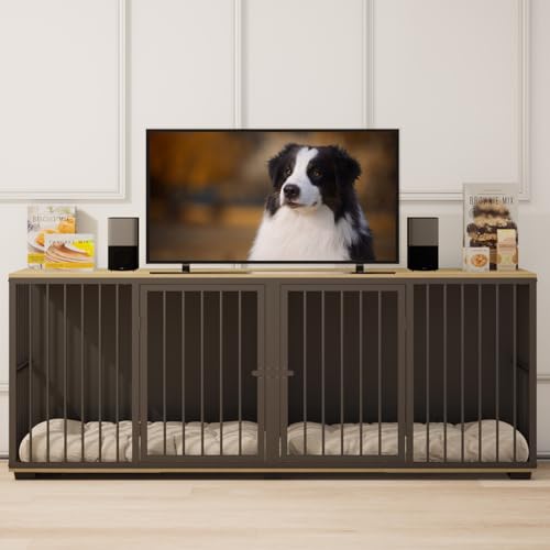 EBE Dog Crate Furniture, 71.6'' Metal Steel Frame Double Dog Kennel with 2 Rooms and Removable Divider