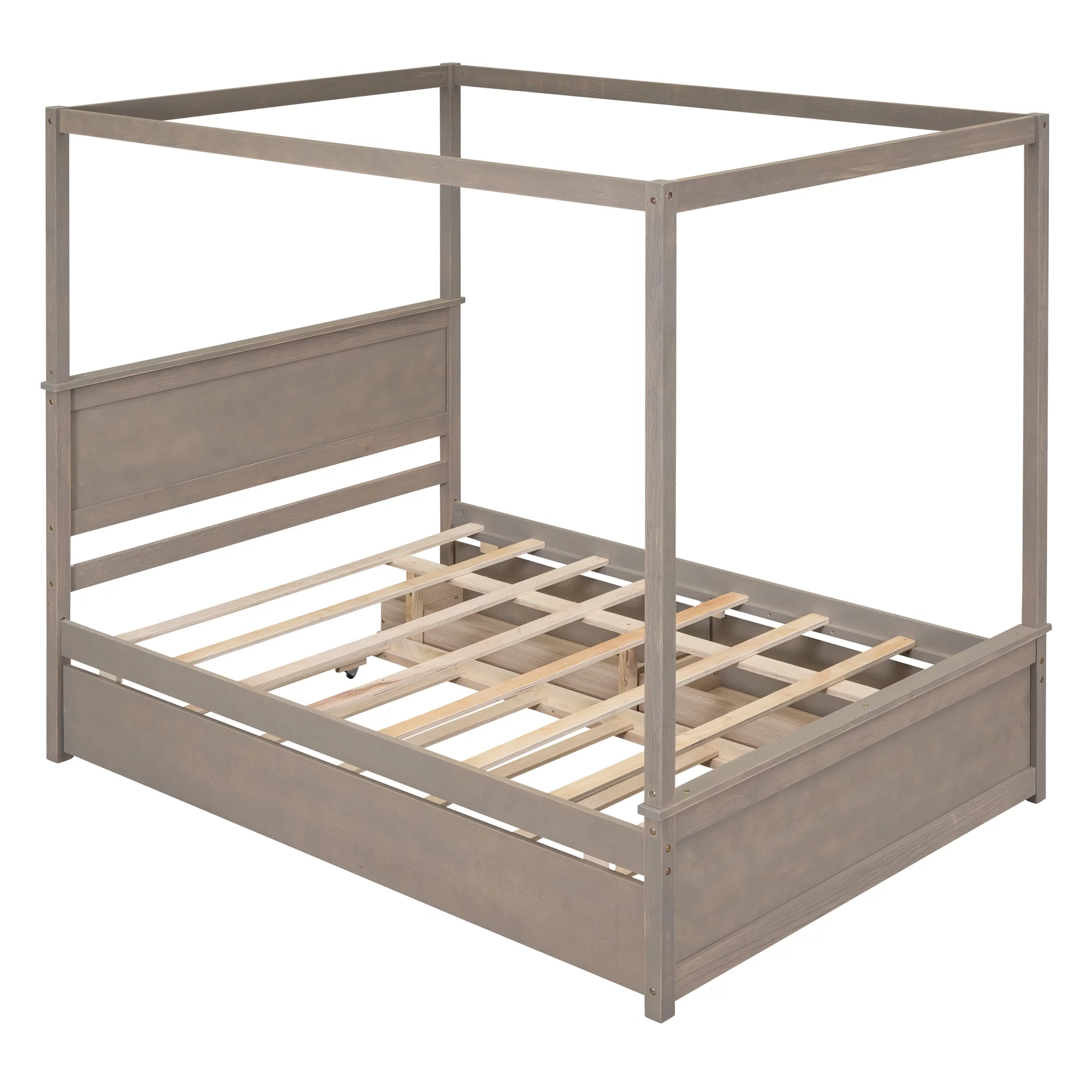 Nestfair Light Brown Full Size Wood Canopy Platform Bed with 2 Drawers and Trundle