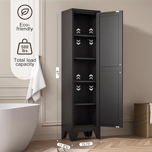 Tall Bathroom Cabinet,Narrow Metal Storage Cabinet with 5 Adjustable Shelves and Single Barn Door,Slim Pantry Storage Organizer for Bathroom,Kitchen