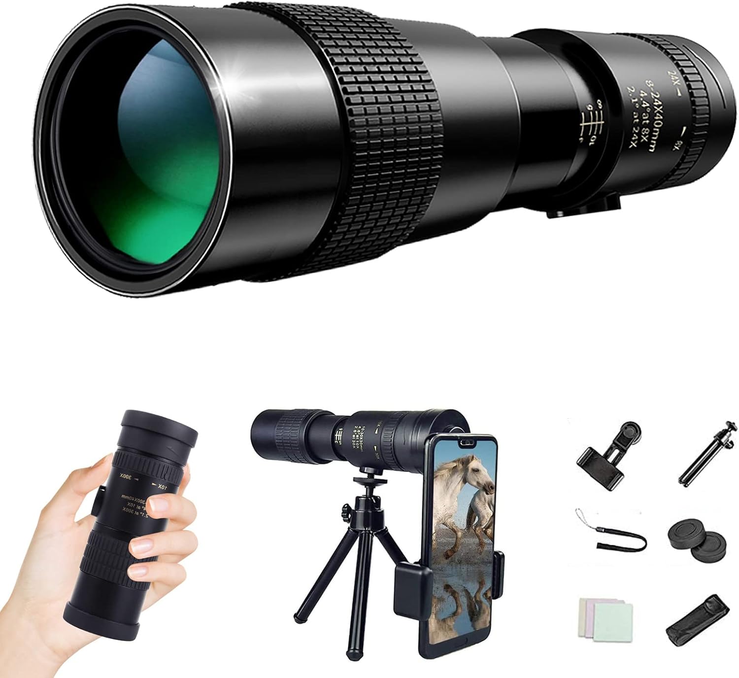 4k 10-300x40mm Super Telephoto Zoom Monocular Telescope with Phone Adapter Tripod Fit Adults for Hiking Hunting Camping Bird Watching Best Gifts for