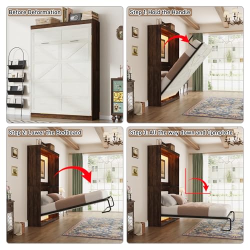 Queen Size Murphy Bed with 2 LED Lights, Farmhouse Wood Hidden Foldable Wall Bed Frame w/Gas Struts, Storage Bed Cabinet for Bedroom, Office
