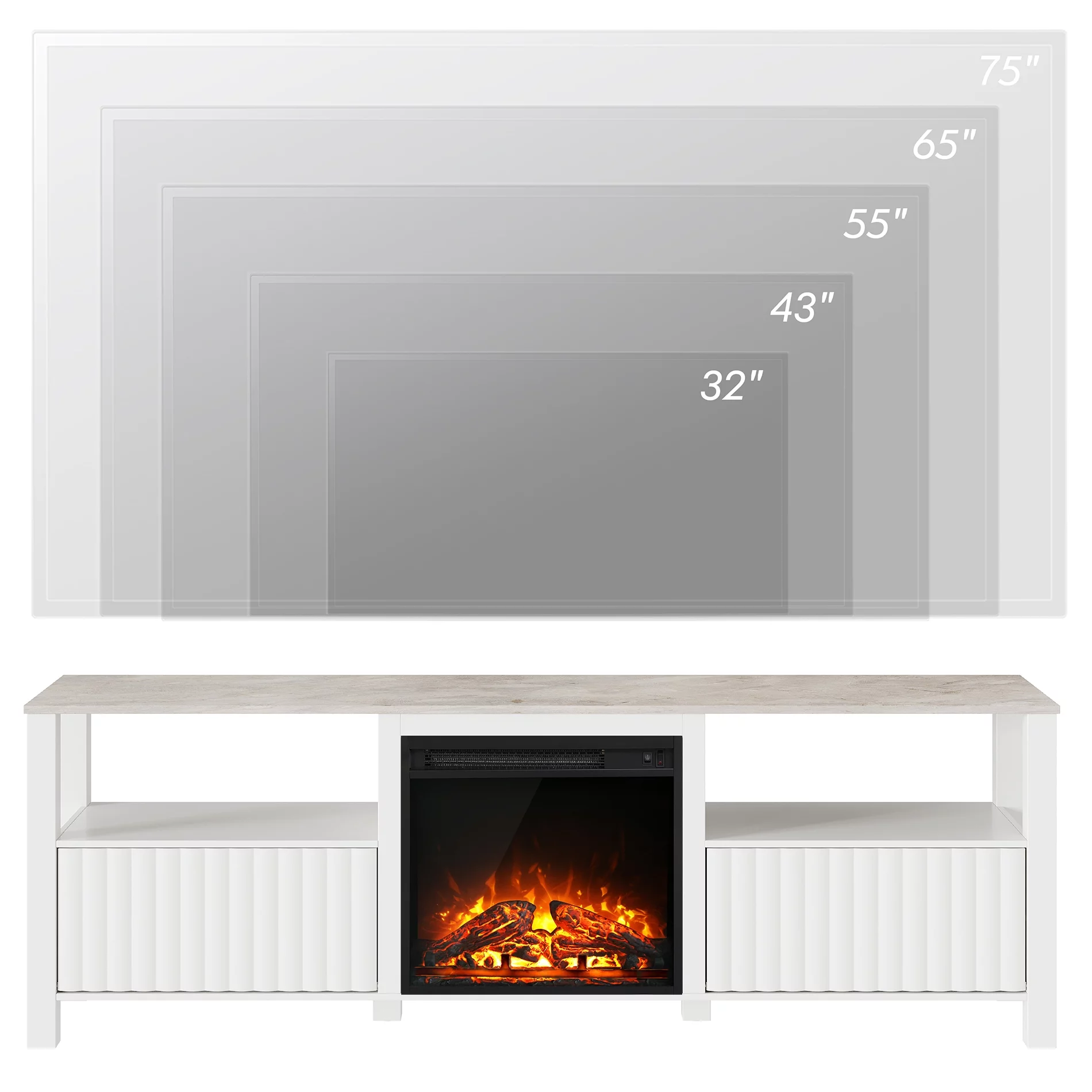 Fireplace TV Stand for TV's up to 75 Inch, LED Entertainment Center for 75 inch TV with Electric Fireplace for Living Room Bedroom, 70 inch, White
