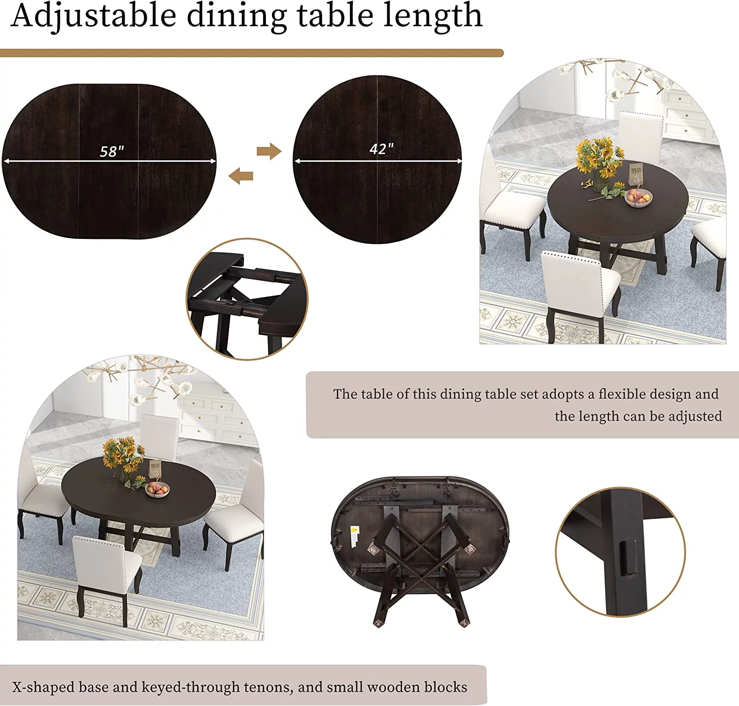 5-Piece Farmhouse Extendable Round Dining Table and Upholstered Chair Set, Round Dining Table with Shelf, Wood Dining Table Set for Family Dining Area