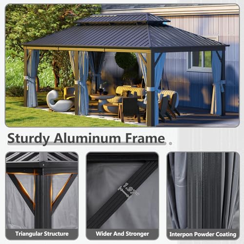 Aoxun 10' X 12' Hardtop Gazebo, Aluminum Metal Outdoor Gazebo with Galvanized Steel Double Roof