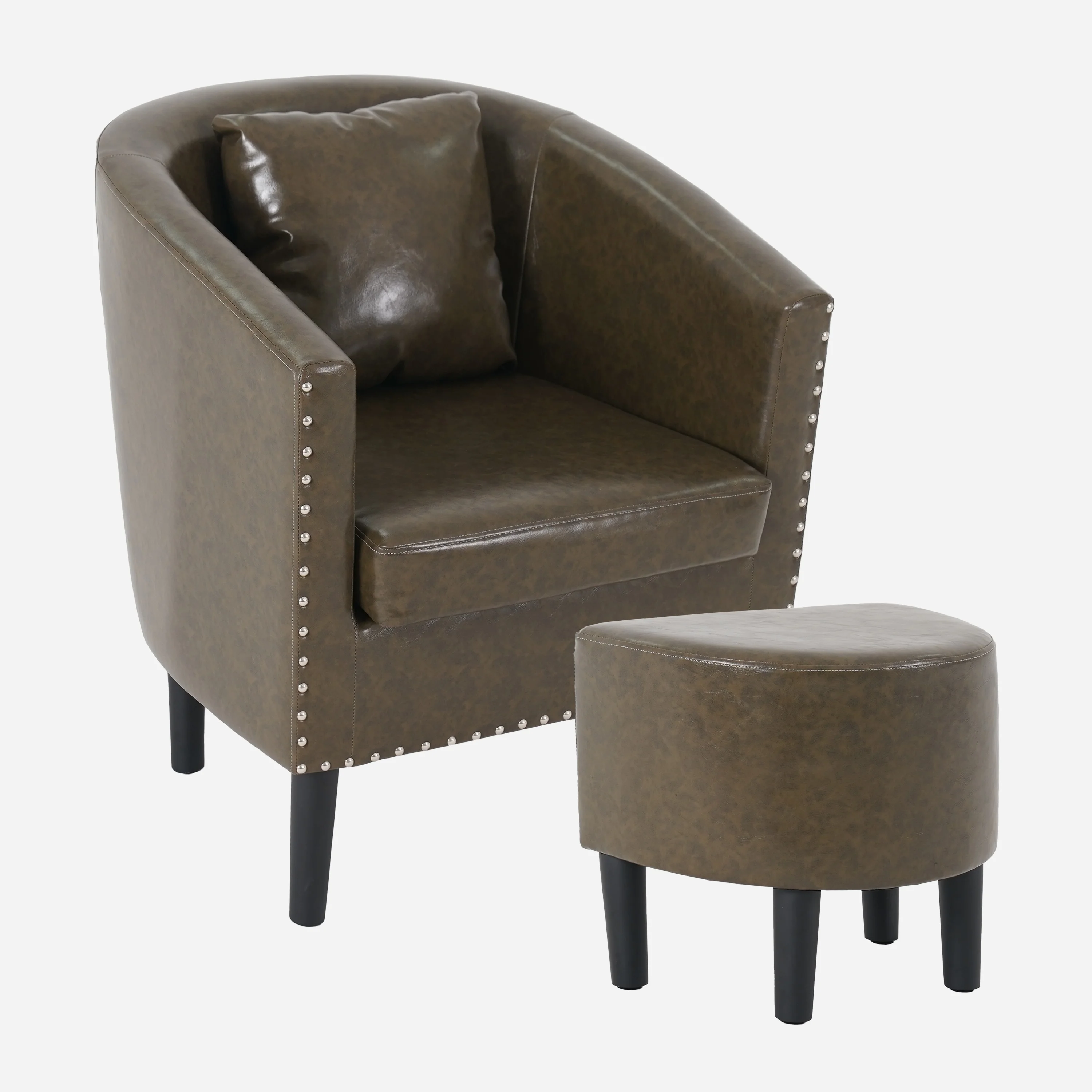 Modern Accent Chair with Ottoman Set, PU Leather Upholstered Club Round Arms Chair Club Chairs White Rubberwood Nailheads Urban