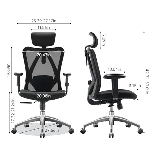 SIHOO M18 Ergonomic Office Chair for Big and Tall People Adjustable Headrest with 2D Armrest Lumbar Support and PU Wheels Swivel Tilt Function Black