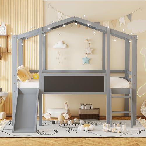 Harper & Bright Designs Kids Twin Low Loft Bed with Slide and Storage Shelves, Wood Playhouse Loft Bed Frame with a Tent & Stairs