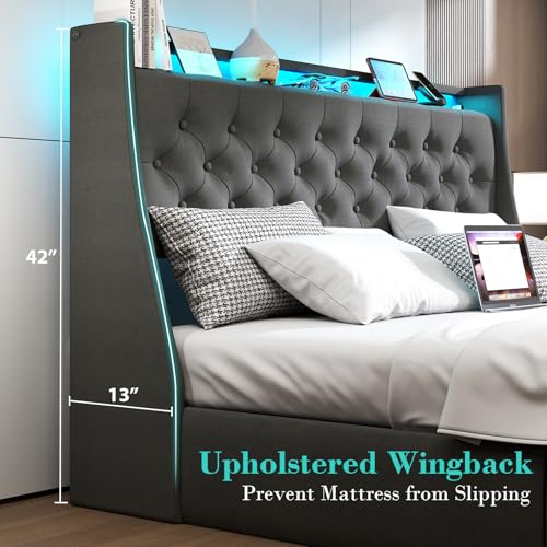 Queen Bed Frame with 2 Storage Drawers, Platform Bed Frame Queen Size with LED Light, Upholstered Headboard, Charging Station, Steel Slat Support