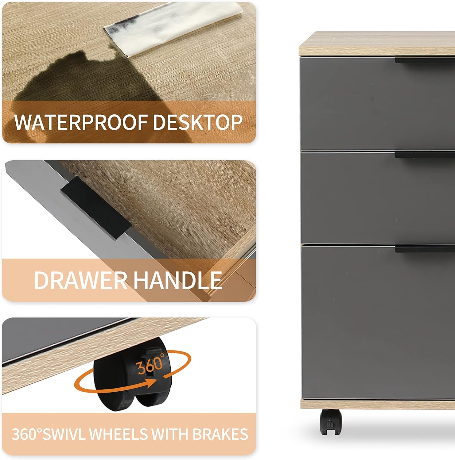 DASROOM 3 Drawer Rolling Wood File Cabinet Home Office Portable Vertical Mobile Storage Filing Cabinet with Wheels, Assembly Required, Oak