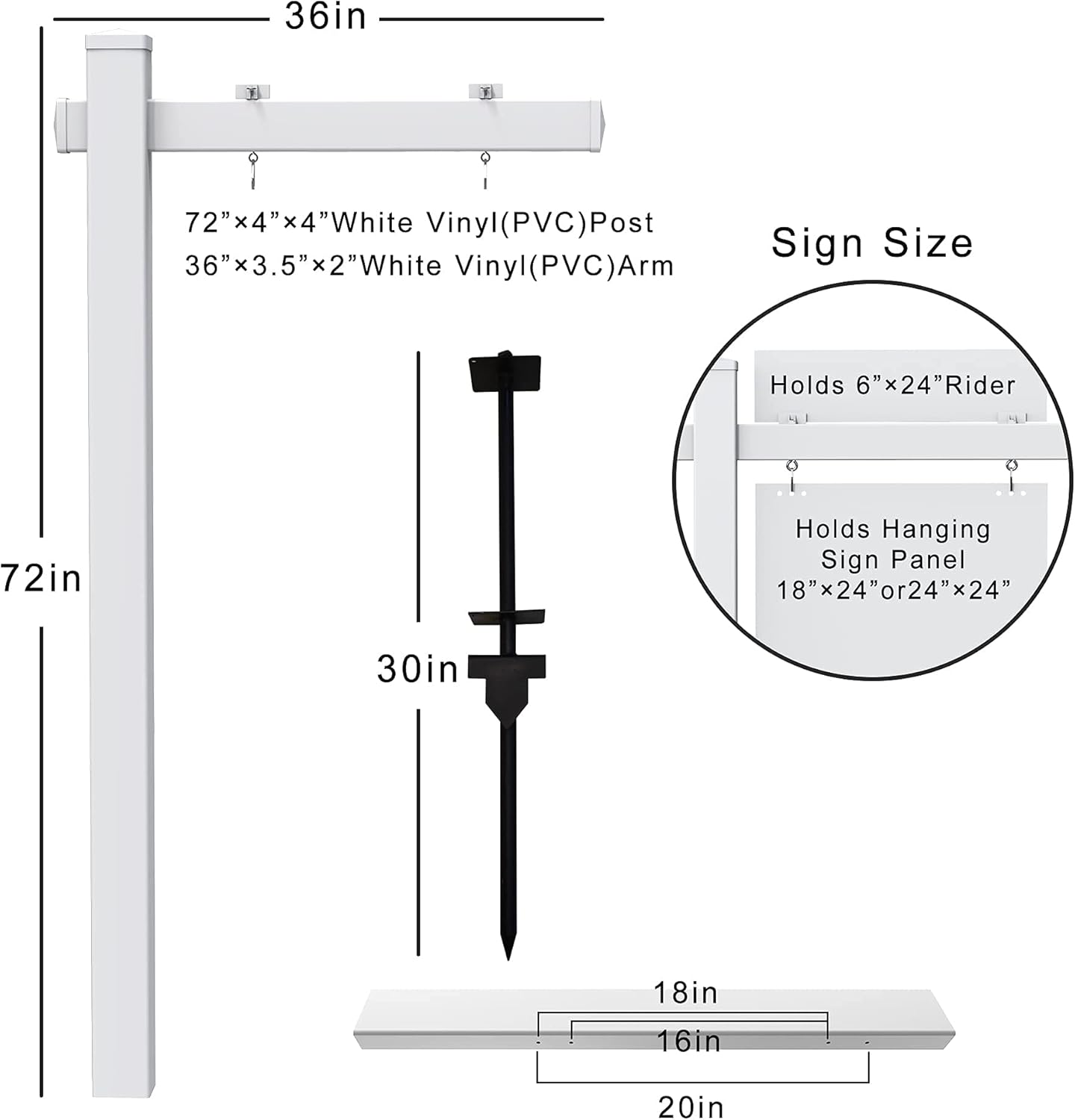 Qikdesign Vinyl PVC Real Estate Sign Post with Flat Cap 6' Tall - Realtor Yard Sign Post - 36 Arm Holds Up to 24 Sign- White (No Sign)