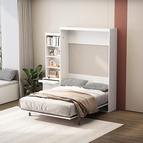 Queen Size Murphy Bed Wall Cabinet with 2 Wardrobe and Storage Shelf, Wooden Murphy Cube Wall Bed
