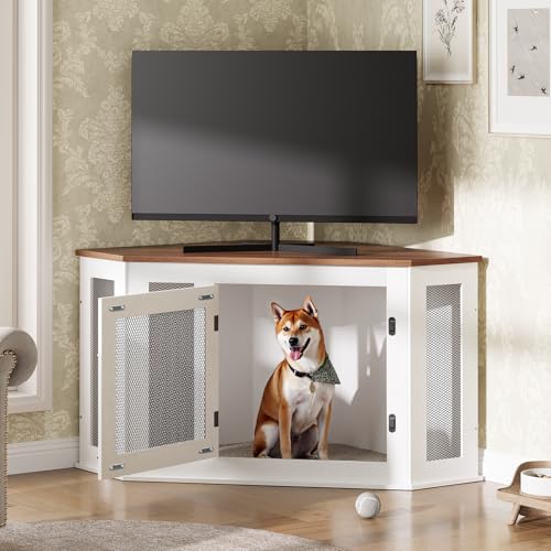 Corner Dog Crate Furniture, Wooden Dog Kennel End Table, Decorative Pet Crate Indoor Use, Furniture Style Dog House for Small Medium Dog