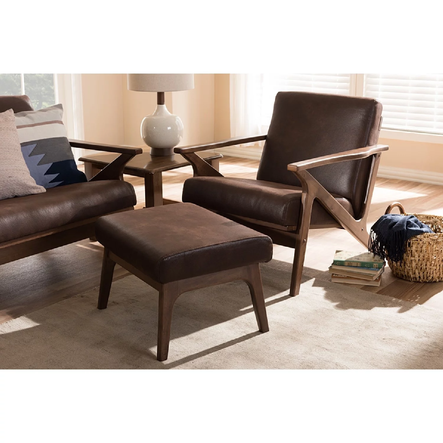 Baxton Studio Bianca Mid-Century Modern Walnut Wood Dark Brown Distressed Faux Leather Lounge Chair And Ottoman Set