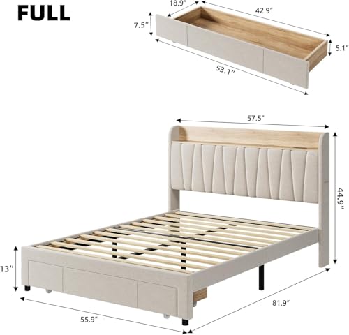 IDEALHOUSE Queen Size Bed Frame with Storage Headboard, Upholstered Platform Beds with Drawers, Charging Station, Noise-Free, No Box Spring Needed