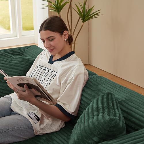 81" Foldable Convertible Sleeper Sofa Bed with Fixed-Shape Frame , Fluffy Corduroy Upholstered Folding Mattress Couch with Cylindrical Pillow