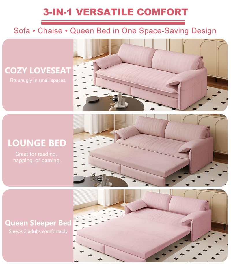 70.1" Futon Sofa Bed Queen Size, Pull Out Bed, 3-in-1 Convertible Sleeper Sofa with 2 Soft Pillows, Modern Velvet Futon Couch for Living Room