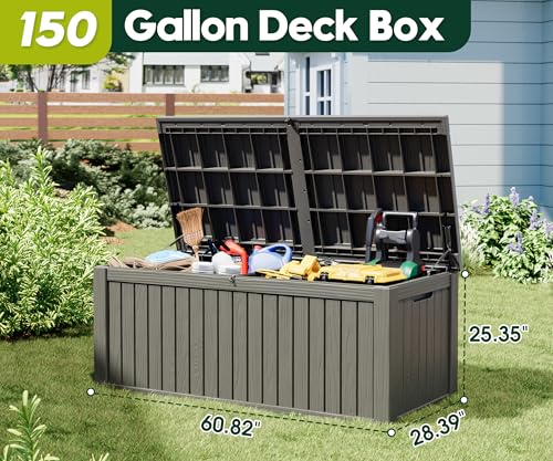 KAMABOKO Outdoor Storage Box, 150 Gallon Large Outdoor Resin Deck Box, Storage Waterproof Boxes Lockable Lid for Garden Tools, Pool Supplies