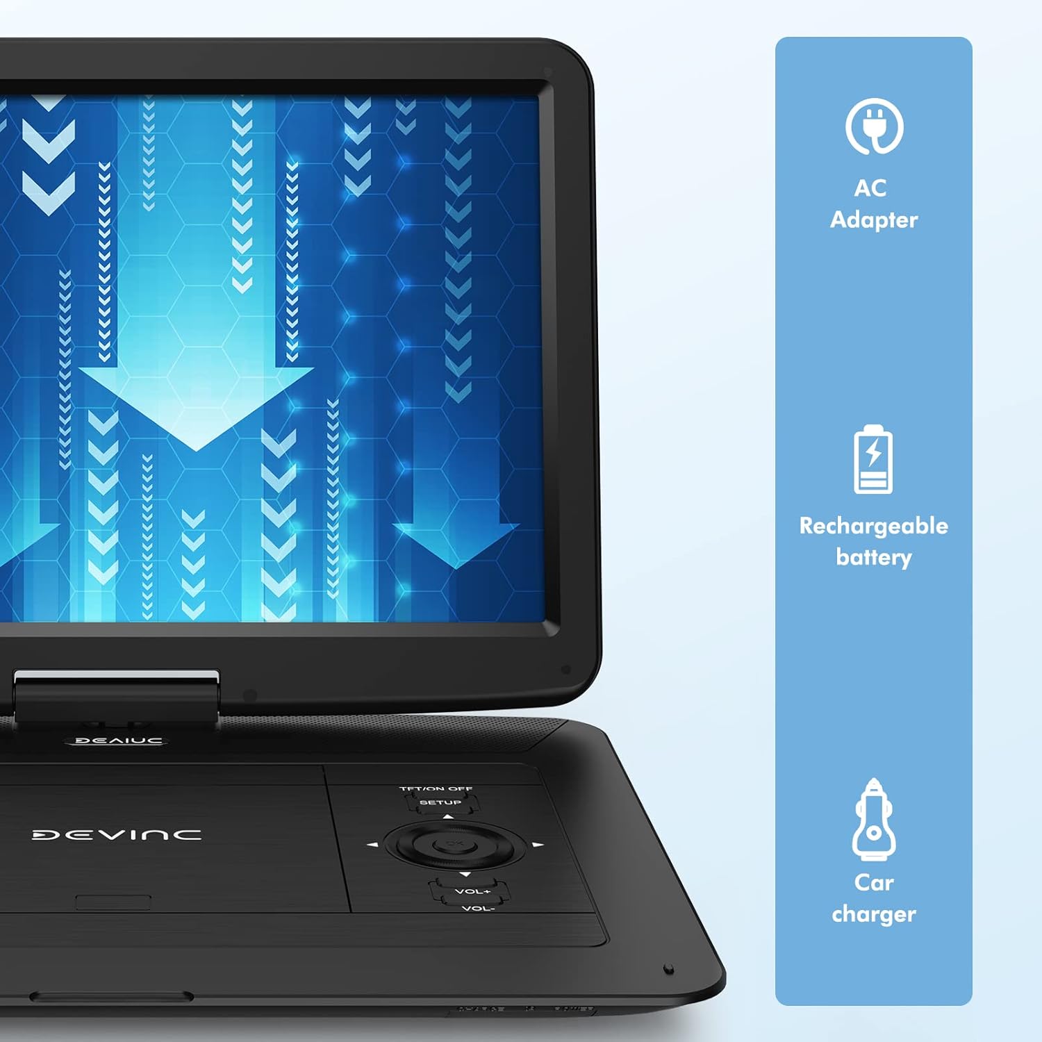 17.9" Portable DVD Player with 15.6" HD Swivel Screen, Support Multiple DVD CD Formats/USB/SD Card/Sync TV, 6 Hours Rechargeable Battery, Car Charger