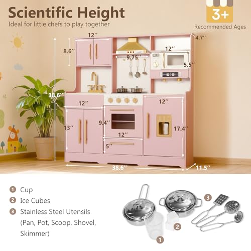 Kinder King Wooden Kids Play Kitchen, Toy Kitchen Playset for Toddler, Play Kitchen Set w/Real Sounds, Pretend Coffee Machine, Kitchen Hood, Sink