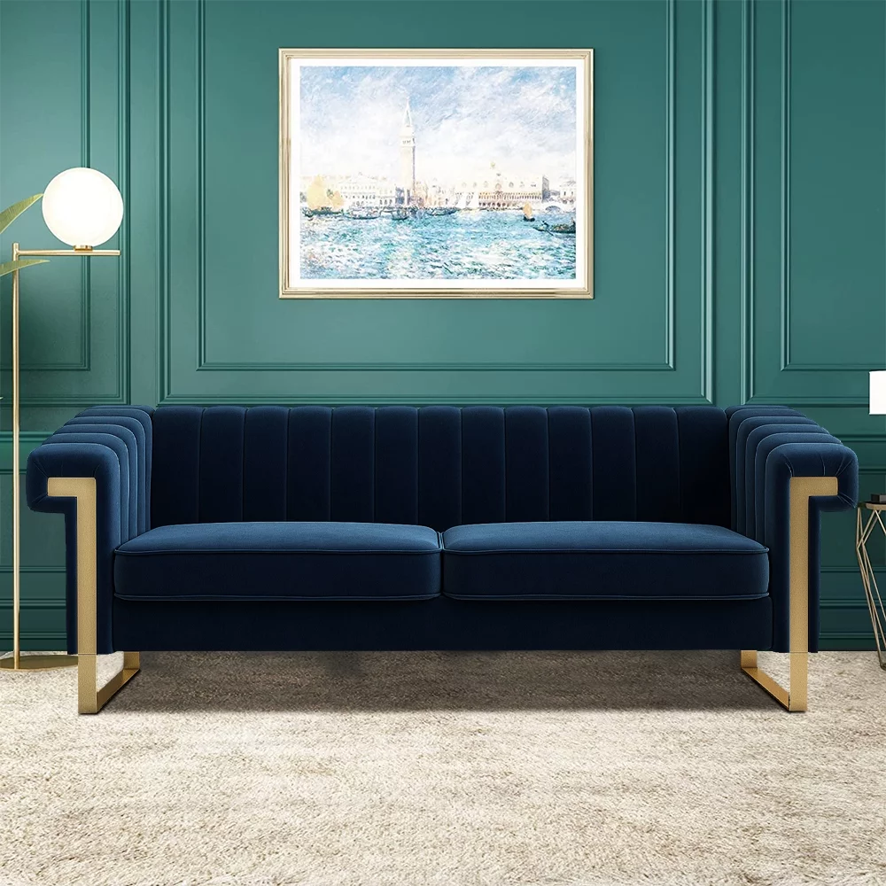 Velvet Sofa Couch, Modern Upholstered Sofa Couch, 84"L 3 Seater Sofa Couch, Mid-Century Velvet Sofa Couch for 3 with Tufted Back