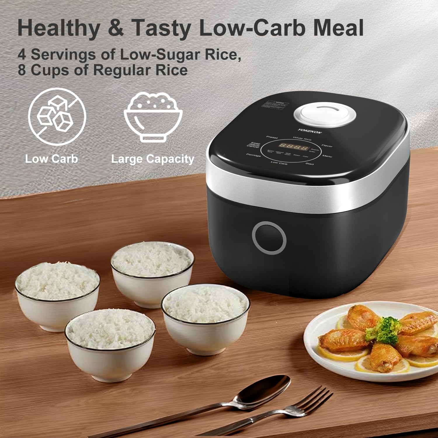 YOKEKON Rice Cooker Stainless Steel Inner Pot, Low Carb Large 8 Cup Rice Maker with Steamer Basket, 24H Delay Timer and Auto Keep Warm Feature