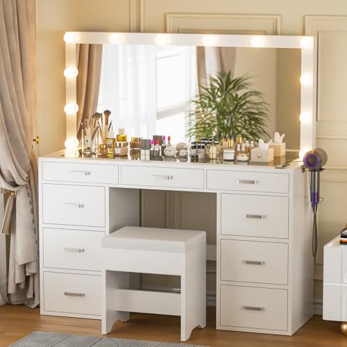 White Vanity Desk Set with Mirror and Lights, 47" Glass Top Vanity with 9 Drawers & Power Outlet