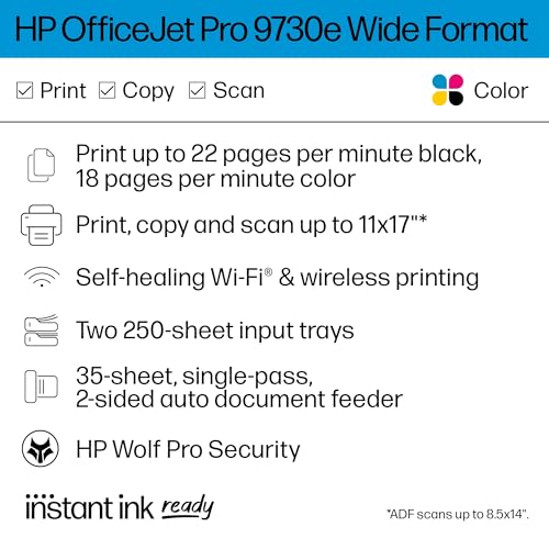 HP OfficeJet Pro 9730e Wide-Format Wireless All-in-One Color Inkjet Printer, Print, scan, Copy up to 11x17', ADF, Duplex Printing Best-for-Office