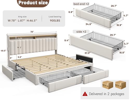 EnHomee Queen Bed Frame with 3 Storage Drawers, Upholstered Bed Frame Queen Size with 2-Tier Storage Headboard, Wooden Slats, No Box Spring Needed