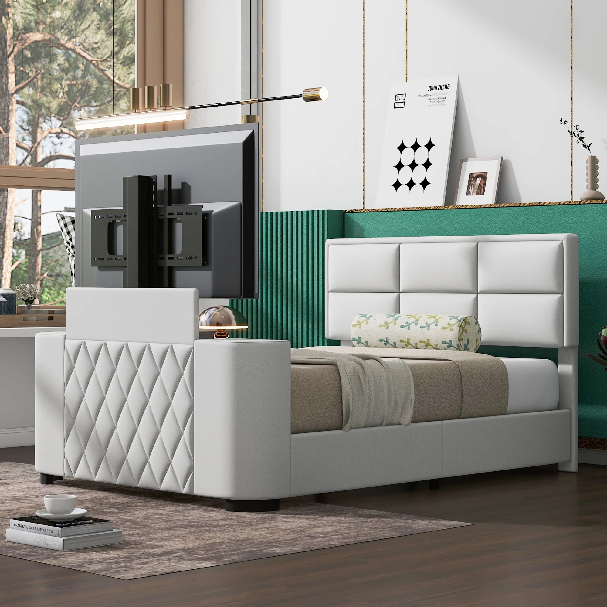 Euroco Upholstery Queen Size Platform Bed, Gaming Bed with Hidden TV Mount and Adjustable Headboard for Living Room, Beige