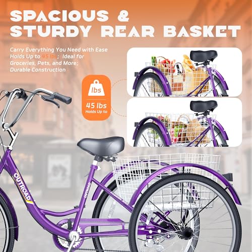 7-Speed Adult Tricycle with Large Basket 24/26 Inch, Stable 3-Wheel Cruise Bicycle for Shopping, Beach and City Trike Perfect for Men, Women